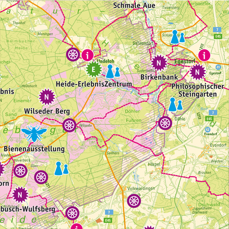 Piktogramme und Übersichtskarte für barrierefreies Naturerleben im Naturpark Lüneburger Heide